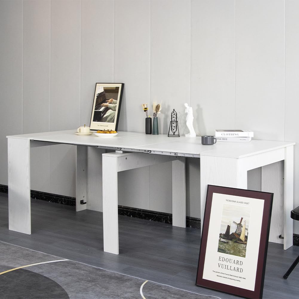 Shally Dogan Tavolo Allungabile per Cucina, Ingresso e Sala da Pranzo, Consolle Salvaspazio Richiudibile da 3 Metri con 5 Pannelli, Design Moderno ed Elegante, Apertura Semplice (Bianco Frassinato)