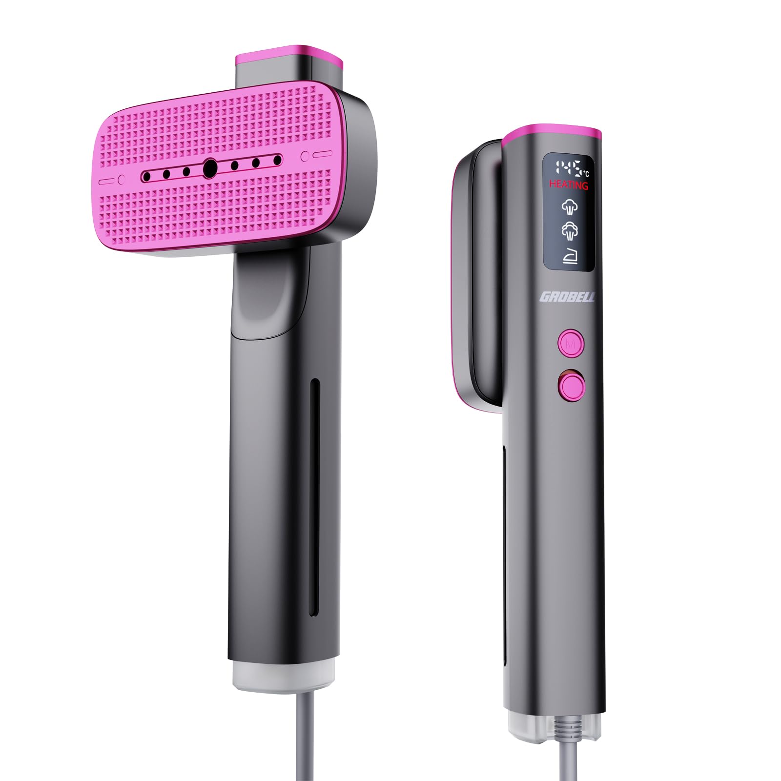 GROBELL Travel Garment Steamer for Clothes: 100V-220V Dual Voltage Hand Portable Hand Held 2 In 1, 20s Smart Fast Heat Up Handheld Clothing Steamer, 4 Modes with LED Display, Global Travel Size