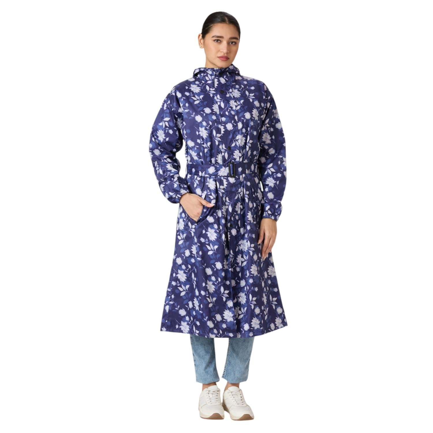 Women's Waterproof Printed Raincoat with Hood | Full Length Rain Wear Jacket with Adjustable Belt, Front Button Closure, Pockets | Monsoon Coat for Travel-image-48