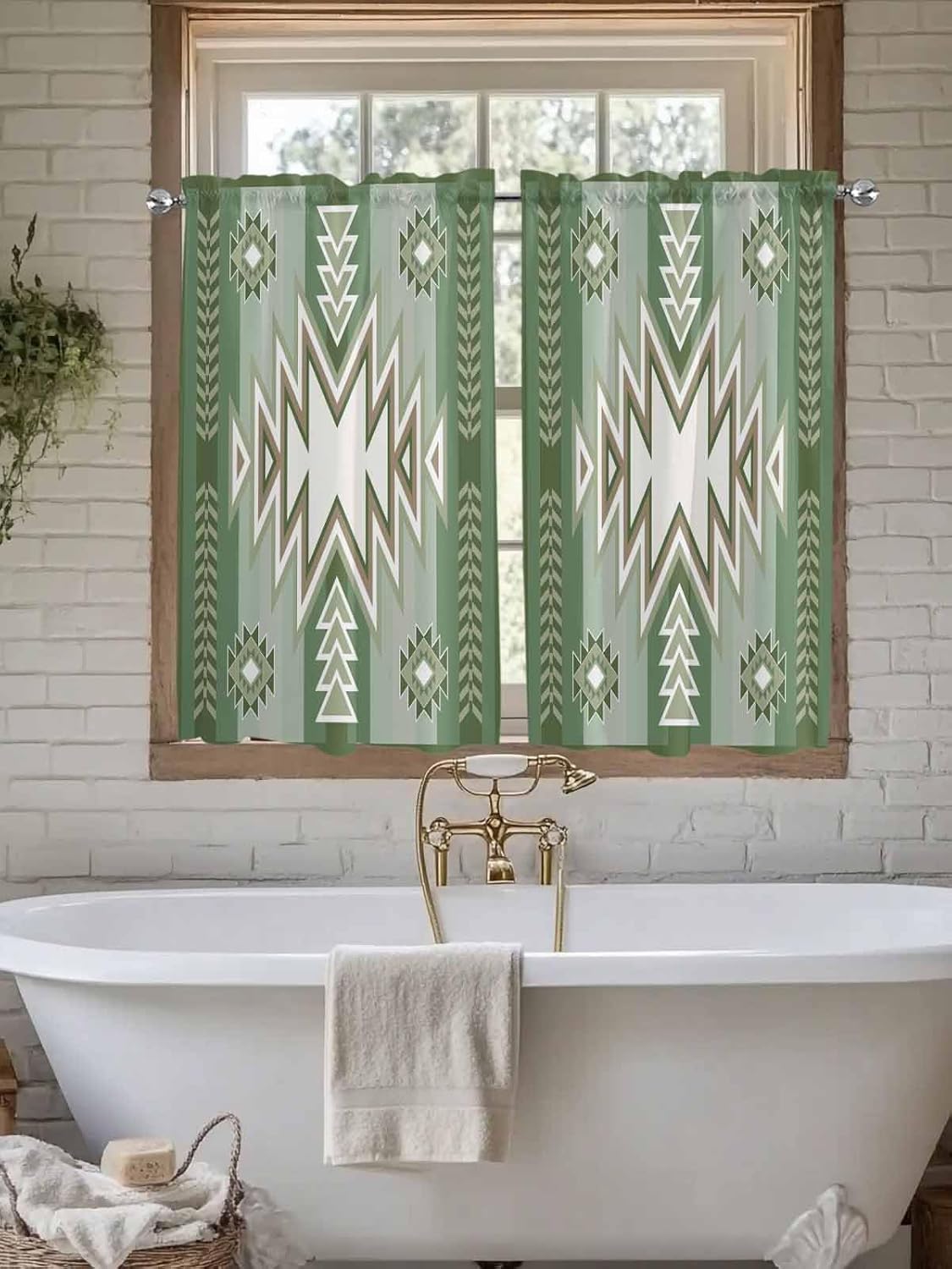 Sage Green Boho Kitchen Curtains 54 Inch Length for Windows, American Native Southwest Abstract Art Window Treatment Tiers Rod Pocket Curtain for Bedroom Bathroom Living Room Cafe, 42x54 Inch, 2Panels