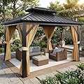10x12 FT Hardtop Gazebo with Galvanized Steel Double Roof, Heavy-Duty Aluminum Frame Outdoor Gazebo Canopy with Mosquito Netting & Waterproof Curtains for Patio, Backyard, Deck & Lawn