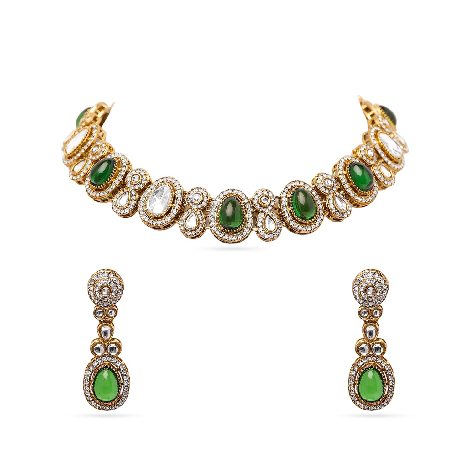 rubans Kundan Necklace Set Emerald Green Cubic Zirconia Festive Statement Jewellery Gift for Women & Girls-picture-24