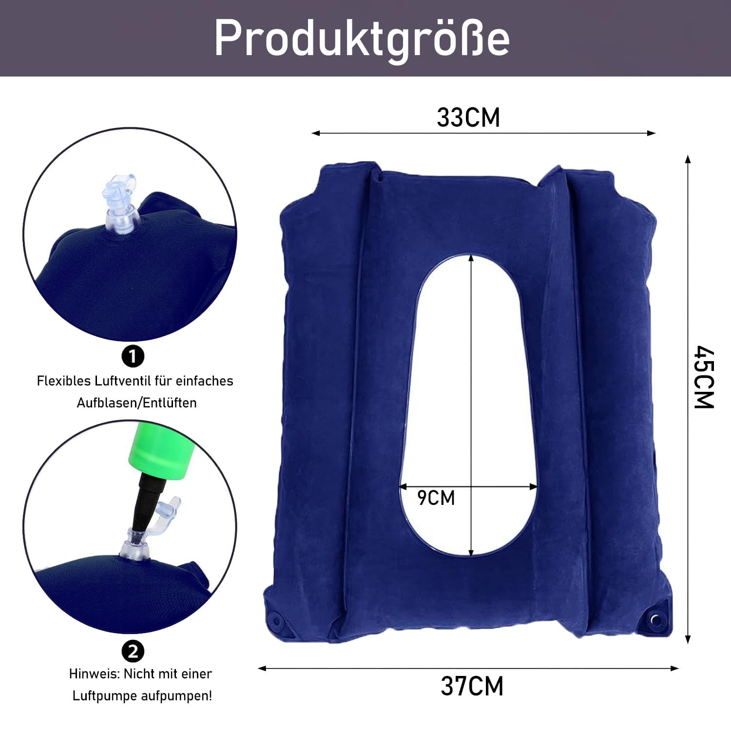 Dekubitus Sitzkissen, Antidekubitus Kissen für Gesäß, Sitzkissen für Bett, Rollstuhl und Toilettenstuhl, Aufblasbares Sitzring mit Pumpe, Weiches Beflocktes Material, Atmungsaktiv und Wasserdicht