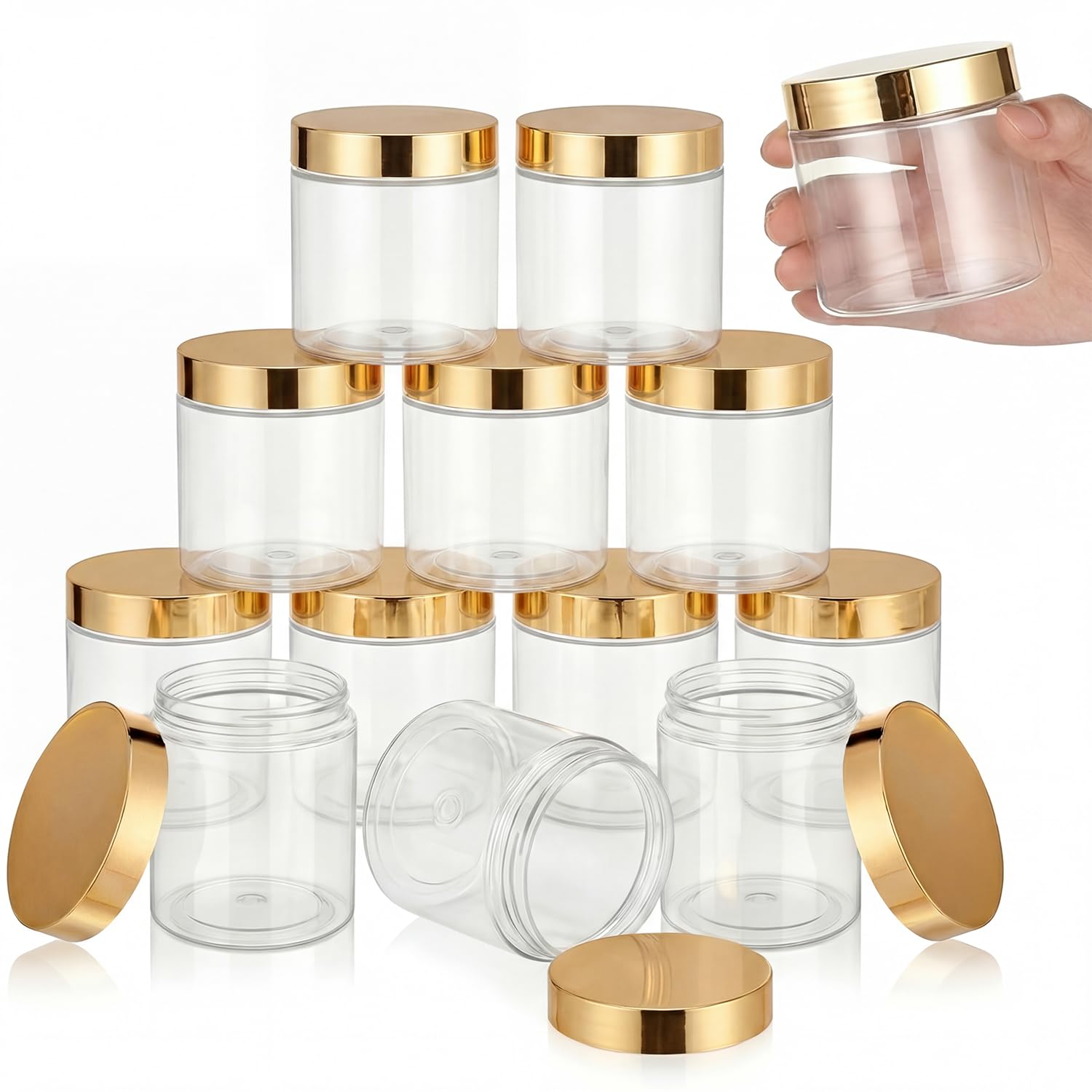 SATINIOR 12 Pack 8 oz Plastic Container Jars with Lids Round, Gold