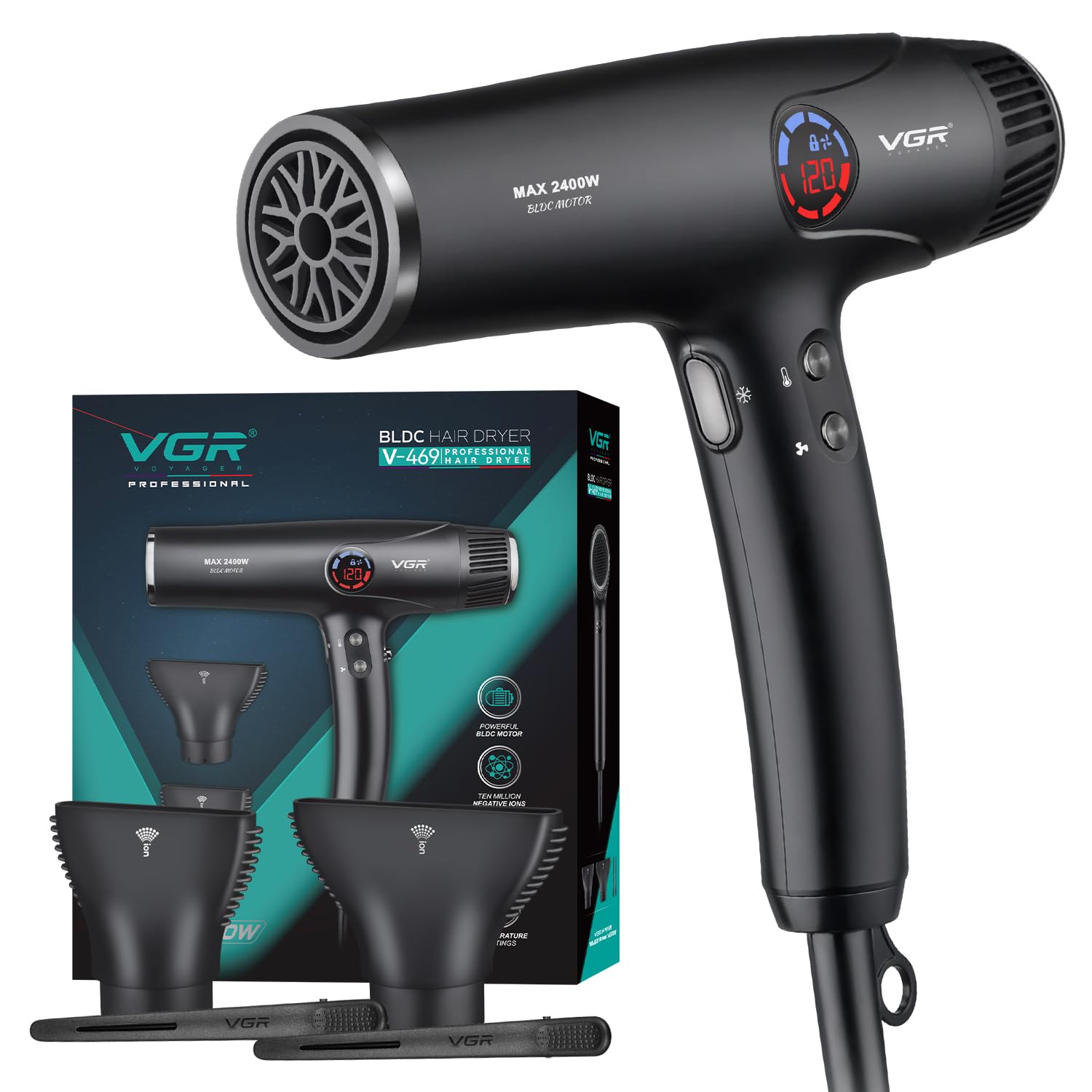 VGR V-469 Professional Hair Dryer with Powerfull 2400W BLDC Motor, 4 Speed & 4 Temperature Settings, Cool Shot, Smoothing & Styling Nozzles, LED Display for Salon-Quality Styling, 2200-2400W (Black)-image-8