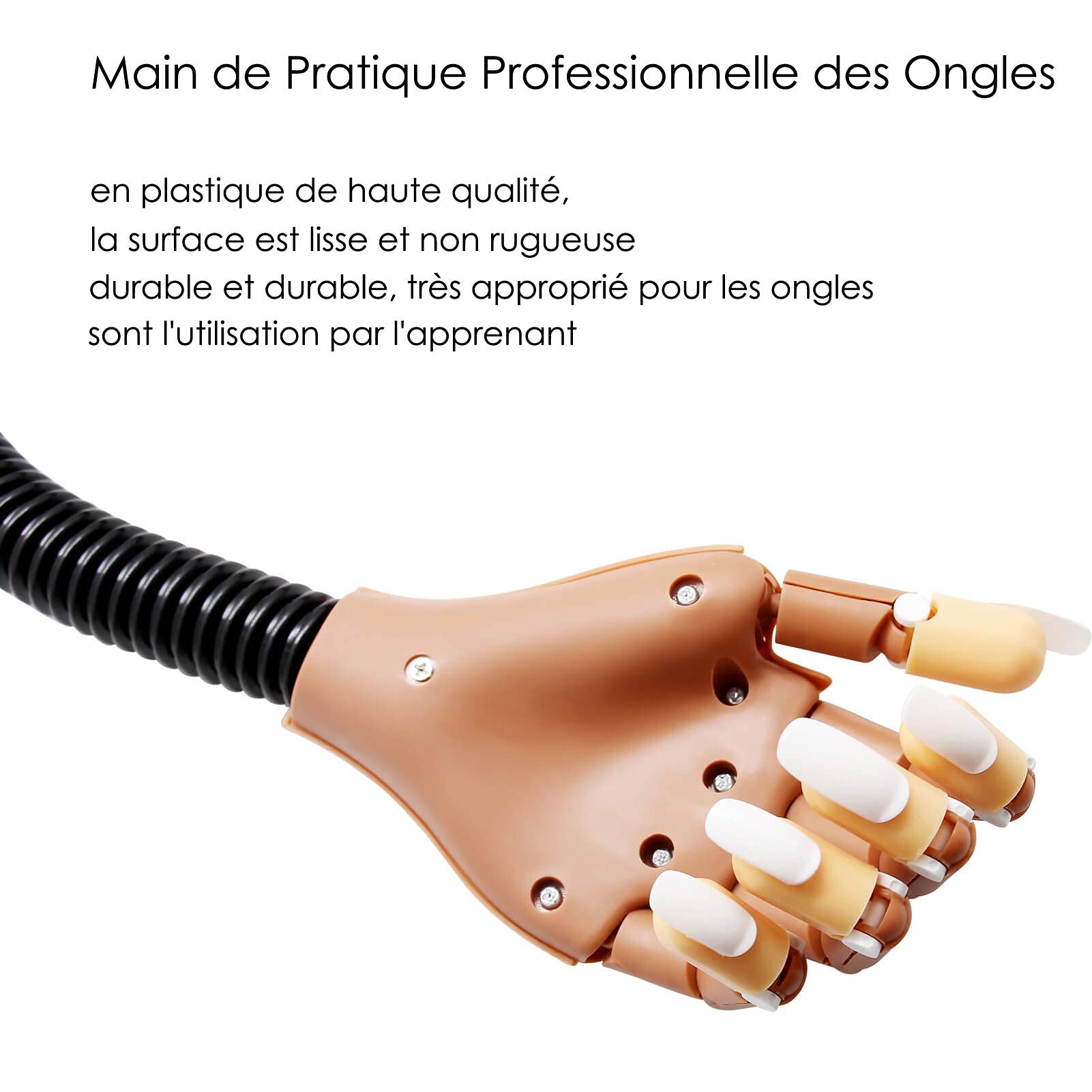 Pratique Faux Nail Art, Mains et Doigts d'entraînement Flexible + 400 pièces Pointes d'ongles Remplaçables (Marron)