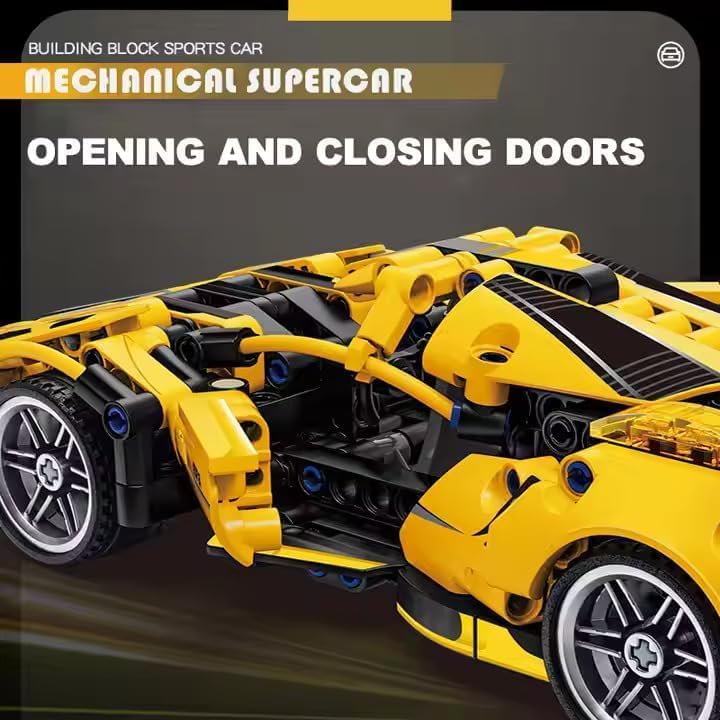 Image of 1:18 Scale Pull Back Racing Car Building Block Set (422-520 PCS) | Creative Assembly Toy for Collectors & Enthusiasts | Compatible Brick Model Kit (Yellow Ferrari)