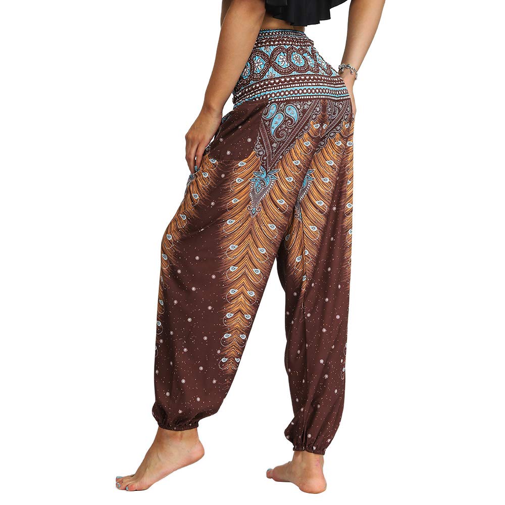 Nuofengkudu Mujer Hippies Pantalones Bolsillos Estampados Yoga Pants