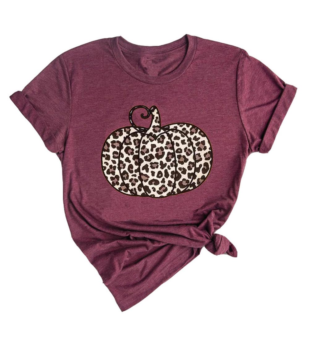 Womens Halloween Pumpkin Shirts Funny Leopard Pumpkin Fall Graphic Tees Tops Cute Thanksgiving Casual Short Sleeve