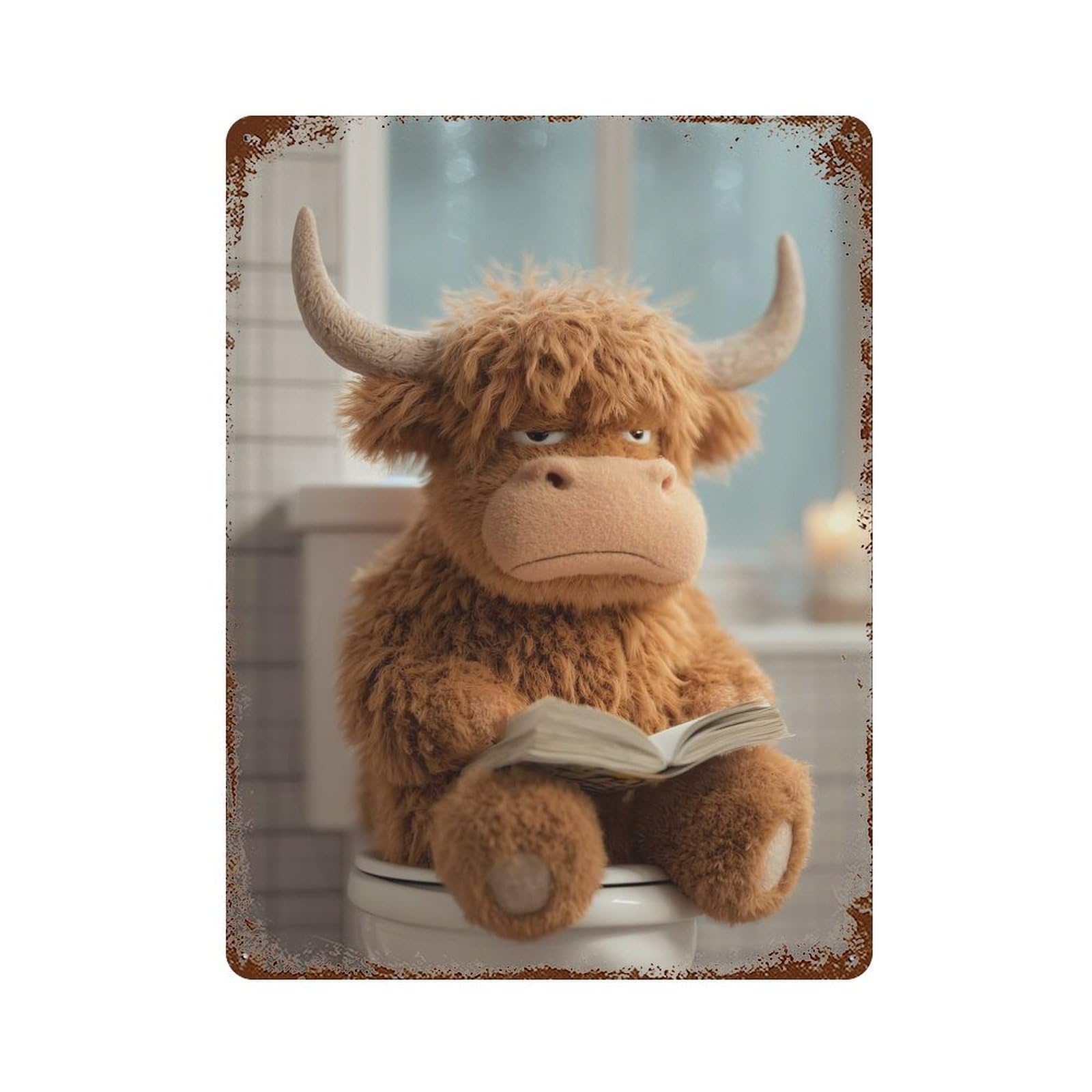 Stuffed Highland Cow Reading on Toilet Distressed Metal Wall Sign 15.7"x11.8", Rustic Home Decor for Living Room, Hallway And Home Decor