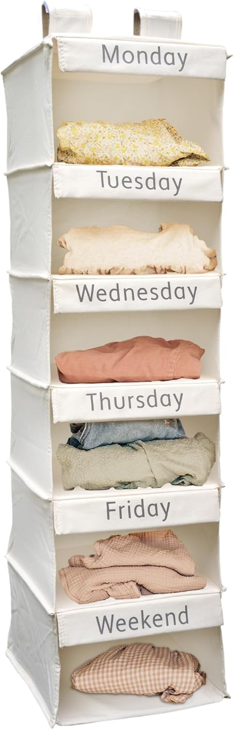 Super Heavy Duty Kids Closet Organizers and Storage | Linen Weekly Clothes Organizer for Kids with 6 Shelves | Hanging Clothes Organizer | Kids Clothes Rack w/Hook & Loop