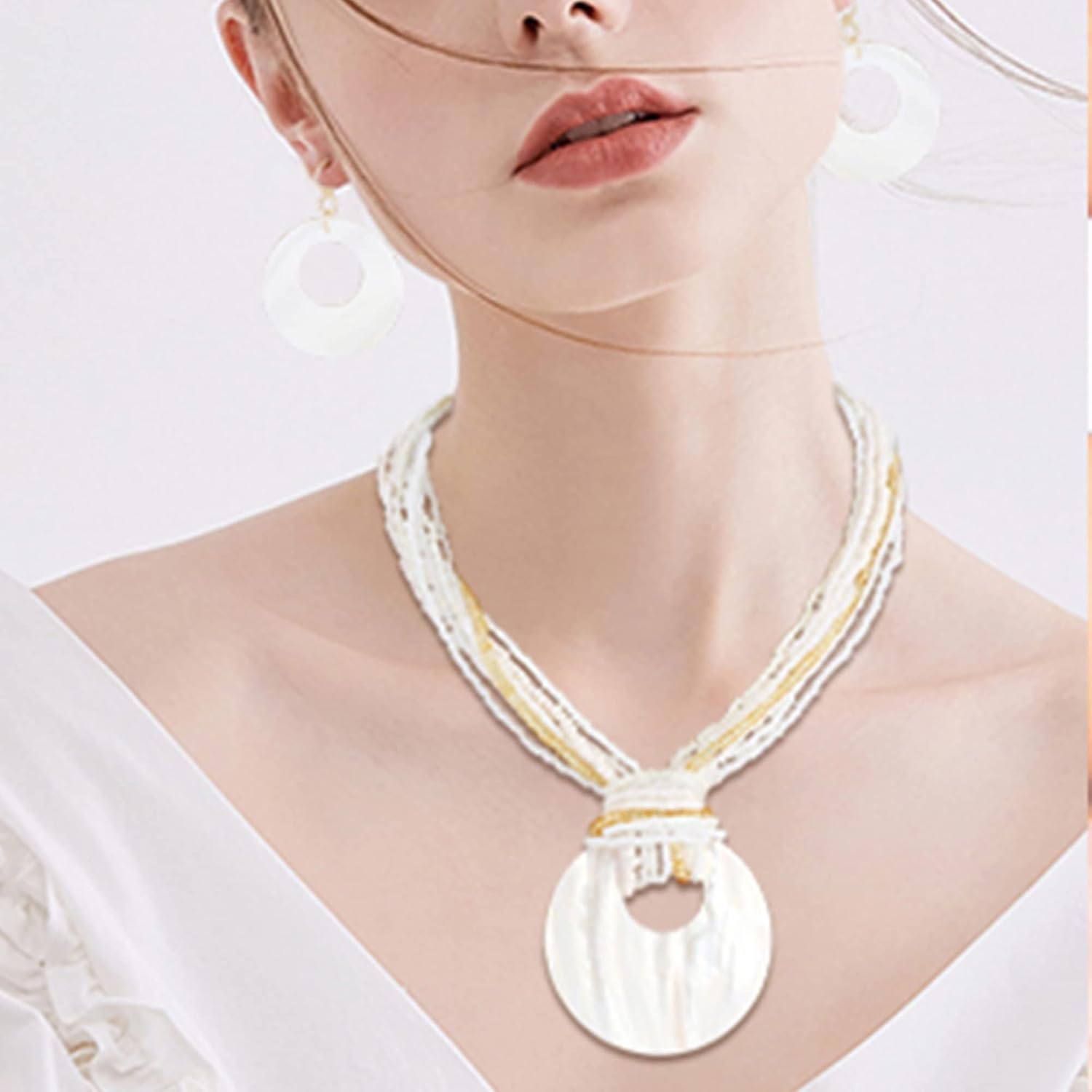 Coiris Multi Strand Statement Colorful Beaded Necklace with Big Circle Shell Pendant for Women - Image 2