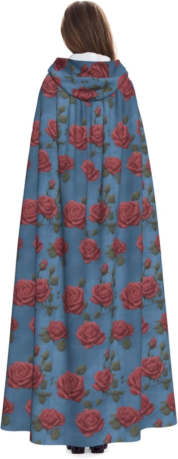 Unisex Full Length Hooded Halloween Christmas Party Robe Cloak Cape Cosplay Costume Men Women Blue Background with Pink Roses Prints