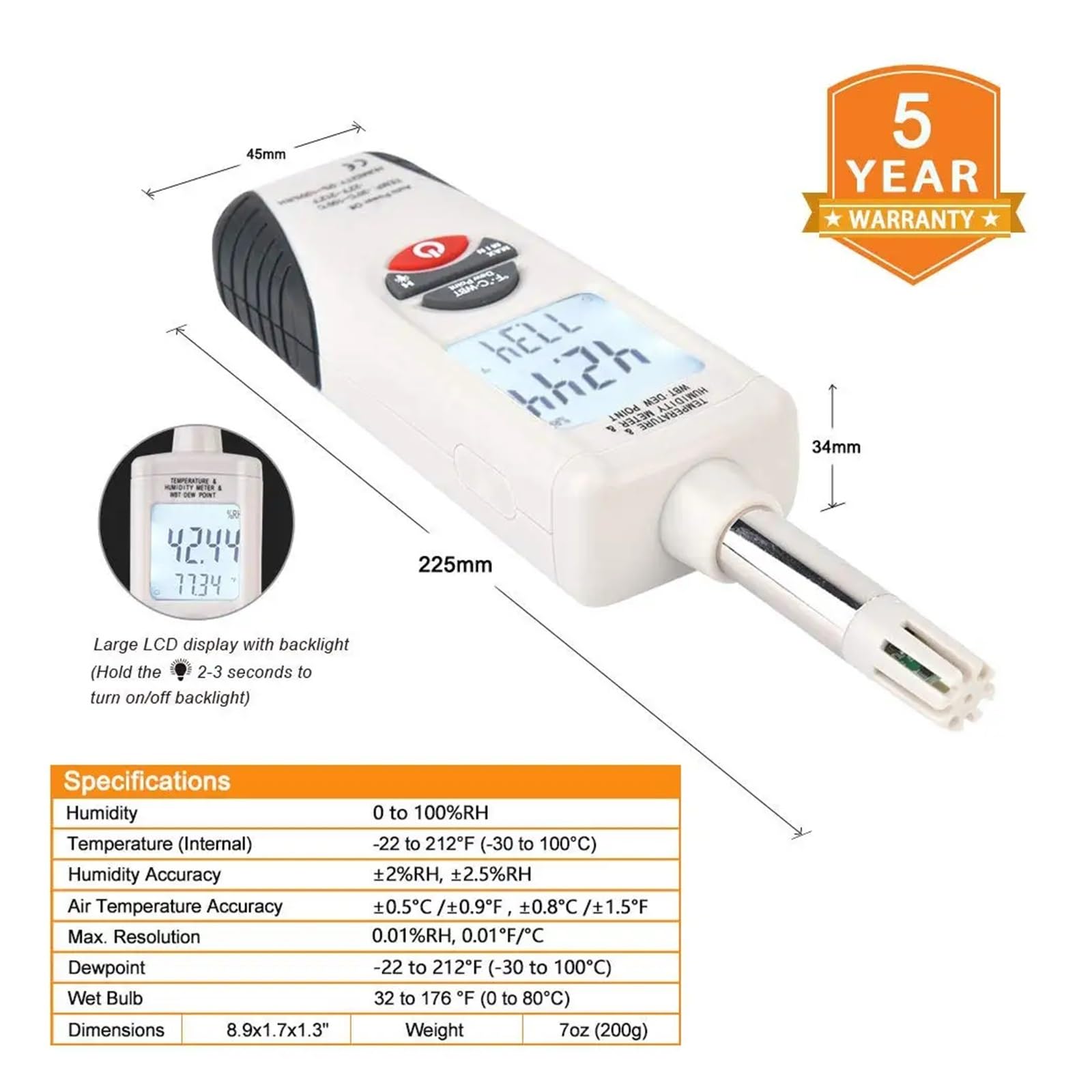 Misuratore Di Temperatura E Umidità Digitale Portatile Con Punto Di Rugiada E Temperatura Del Bulbo Umido, Doppio Display For Temperatura E Umidità