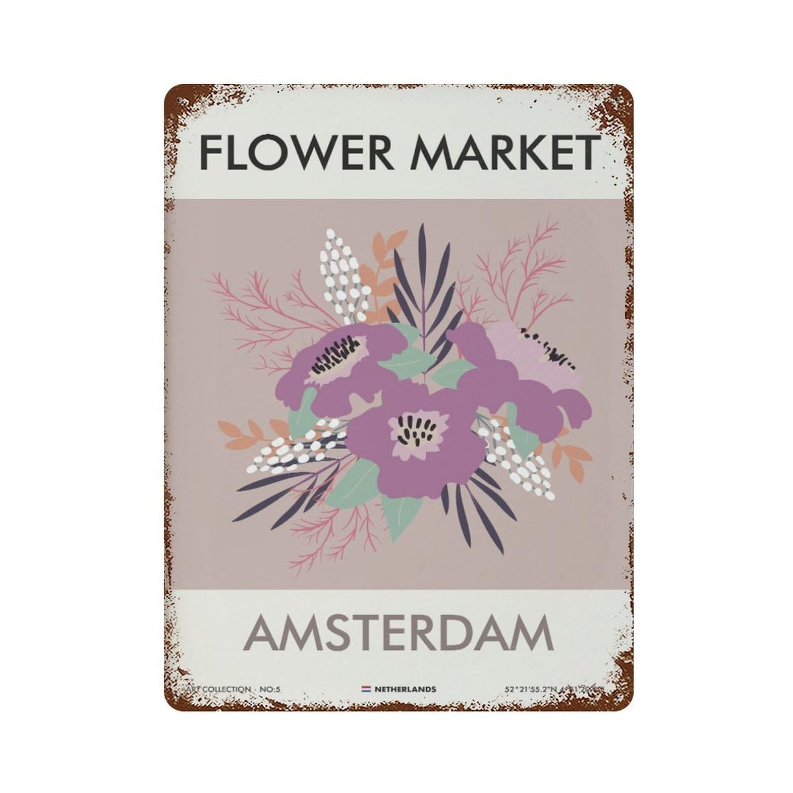 xiaoxiaoshen Amsterdam Flower Market Floral1 Wall Decor Art Metal Tin Poster Modern Home Decor Art Home Bar Shop Decorations Vintage Sign 40x30cm