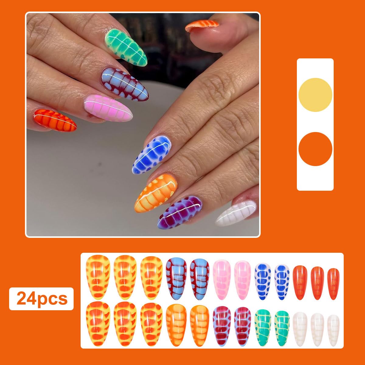 Press on Nails Almond Medium Turtle Print Stick on Nail Tips 24pcs | Colorful Rainbow Artificial Nails Pride Month Acrylic Nails Tips