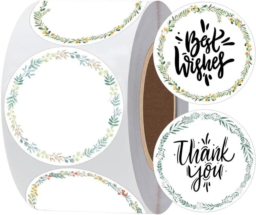 500Pcs Color Leaves Round Thermal Labels Self-Adhesive Green Plants Sticker 2x2 Inch-4 Design Direct Thermal Printer Label Business Roll Thermal Stickers for Thermal Label Printer