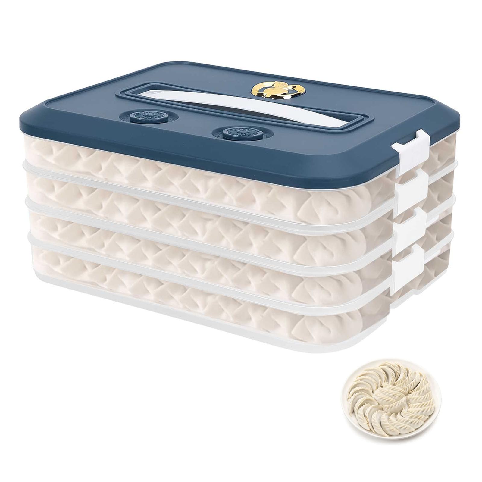 Yallmie 4 Layer Dumpling Organizer with Lid And Handle Freezer Storage Boxes, Cookie Storage Container with 2 Timer Fridge Food Organisers for Vegetable Meat Fish Food(Blue) — image 1