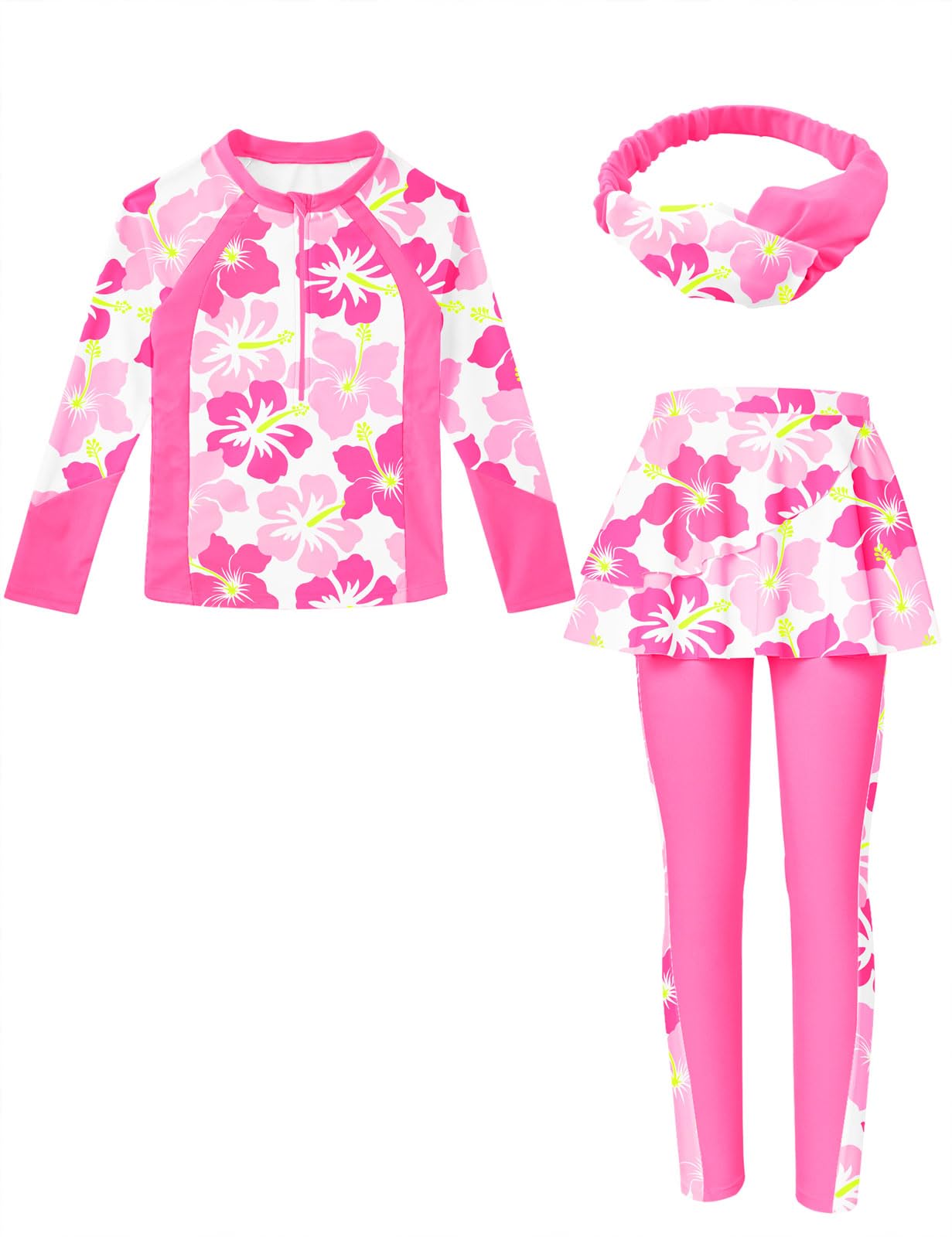 Girls Long Sleeve Rashguard Half Zip Swimsuits UPF 50+ Two Piece Swim Sets with Hairband 5-12Y | Two Piece Swim Sets with Hairband
