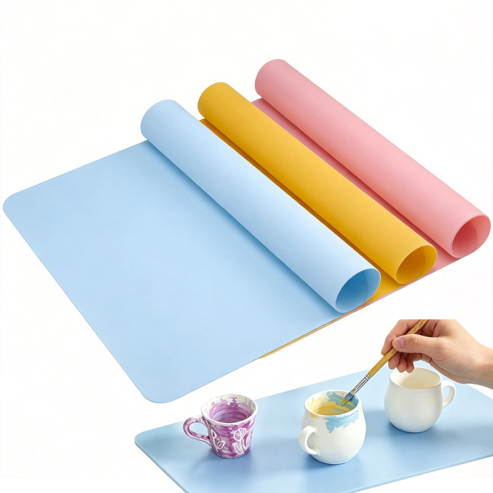 Silicone Mat 3 Pack Silicone Mats for Worktops A3 Large Non Slip Table Mat for Crafts, Countertop Protector,30 x 40cm, (Blue/Yellow/Pink)