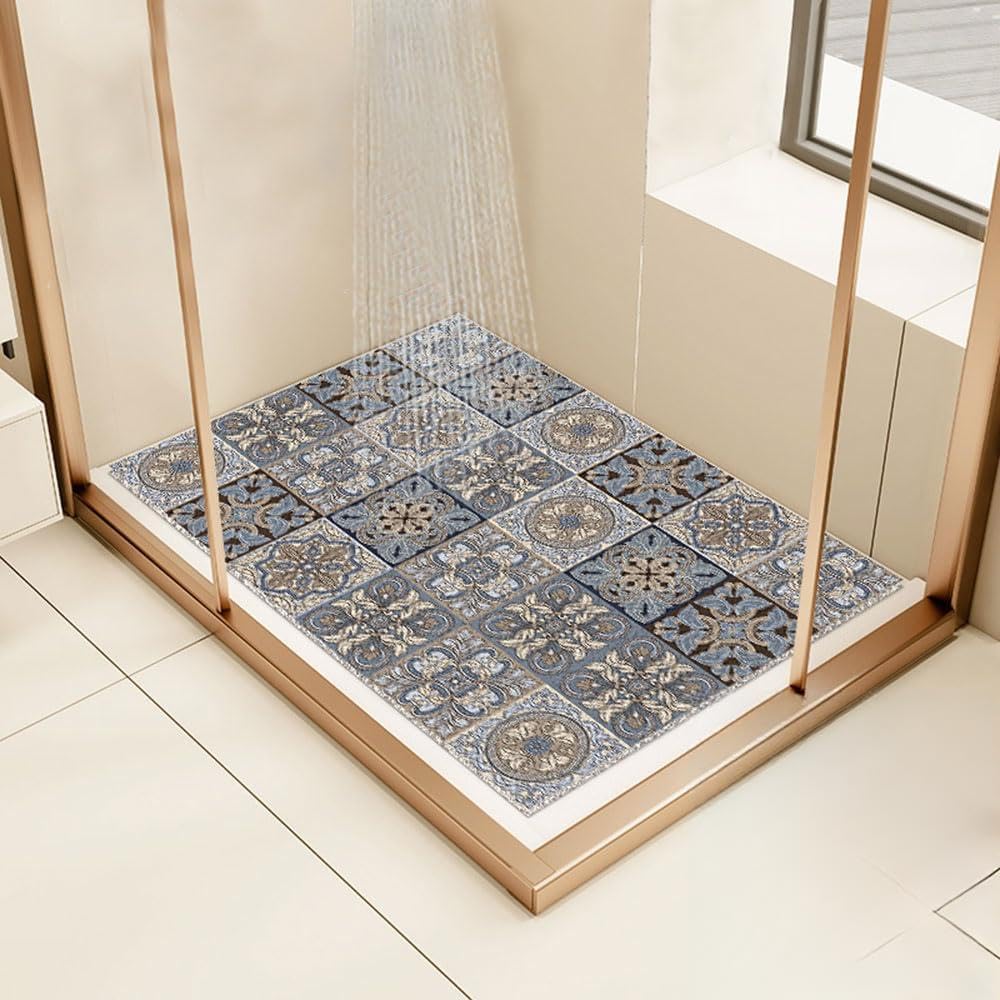 Surwin Bath Mat Non Slip Shower Mats, Moroccan Boho Style Anti Slip Bathtub Mat Quick Dry Soft Rubber Loofah Bathroom Mats for Inside Shower Bathroom Bath Tub Floor (45x75cm,Grey-blue)