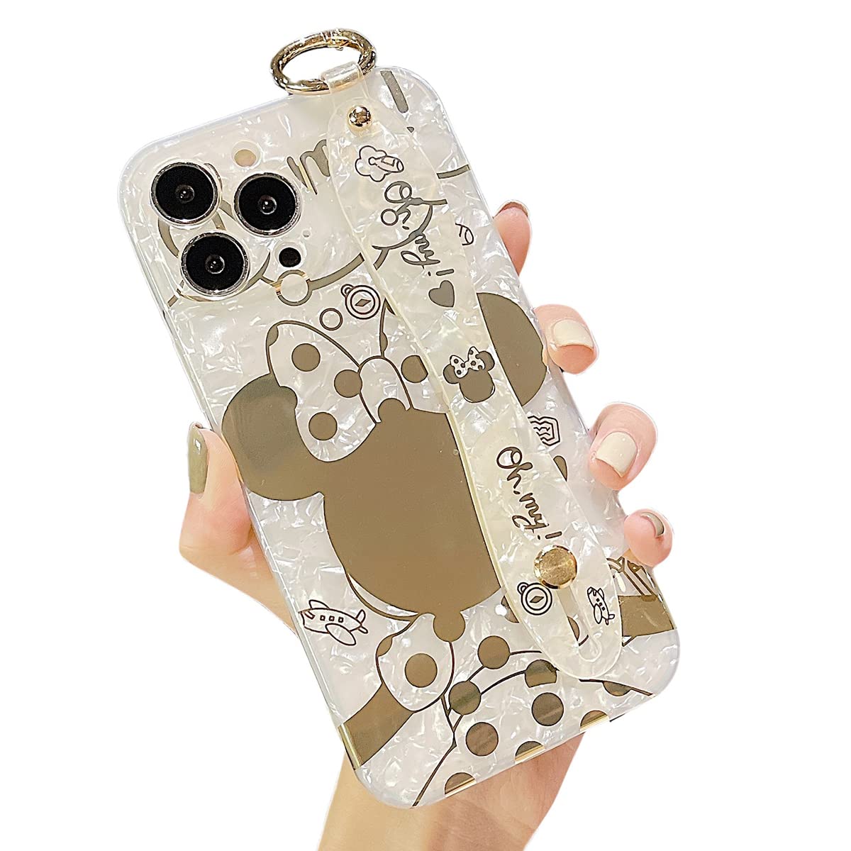 MANLENO Compatible with iPhone 13 Pro Max Case for Women Luxury Cute Cartoon Design Glitter Bling Soft Cover with Strap Kickstand Soft TPU Rubber Silicone Case Girls Slim Protective Case (Minnie)