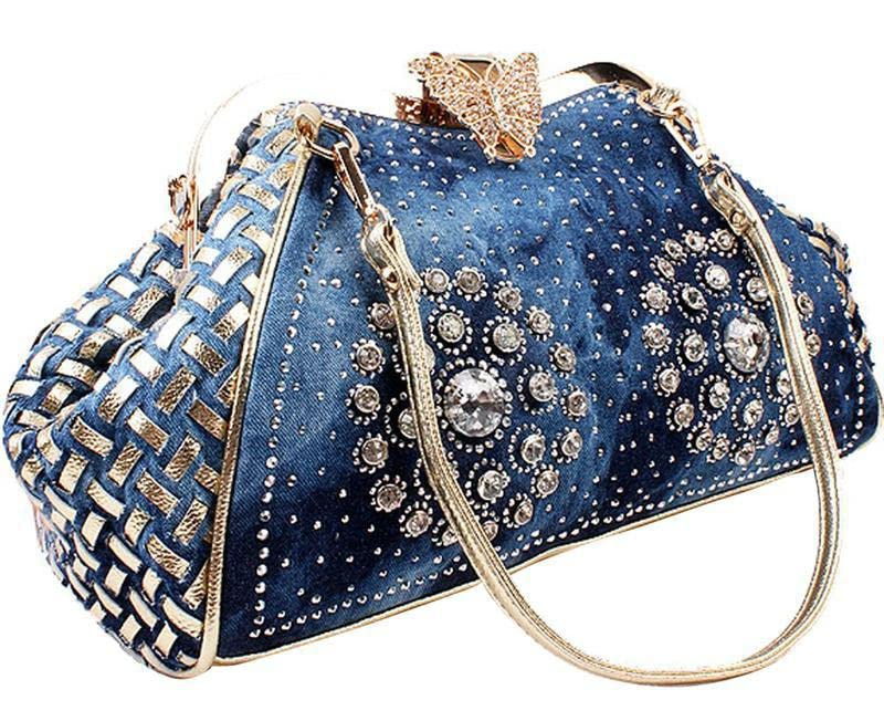 Denim Women's Handbags with Diamonds Jeans Purse Shoulder Bag Crystal Crossbody Bag Evening Clutch Handbag4
