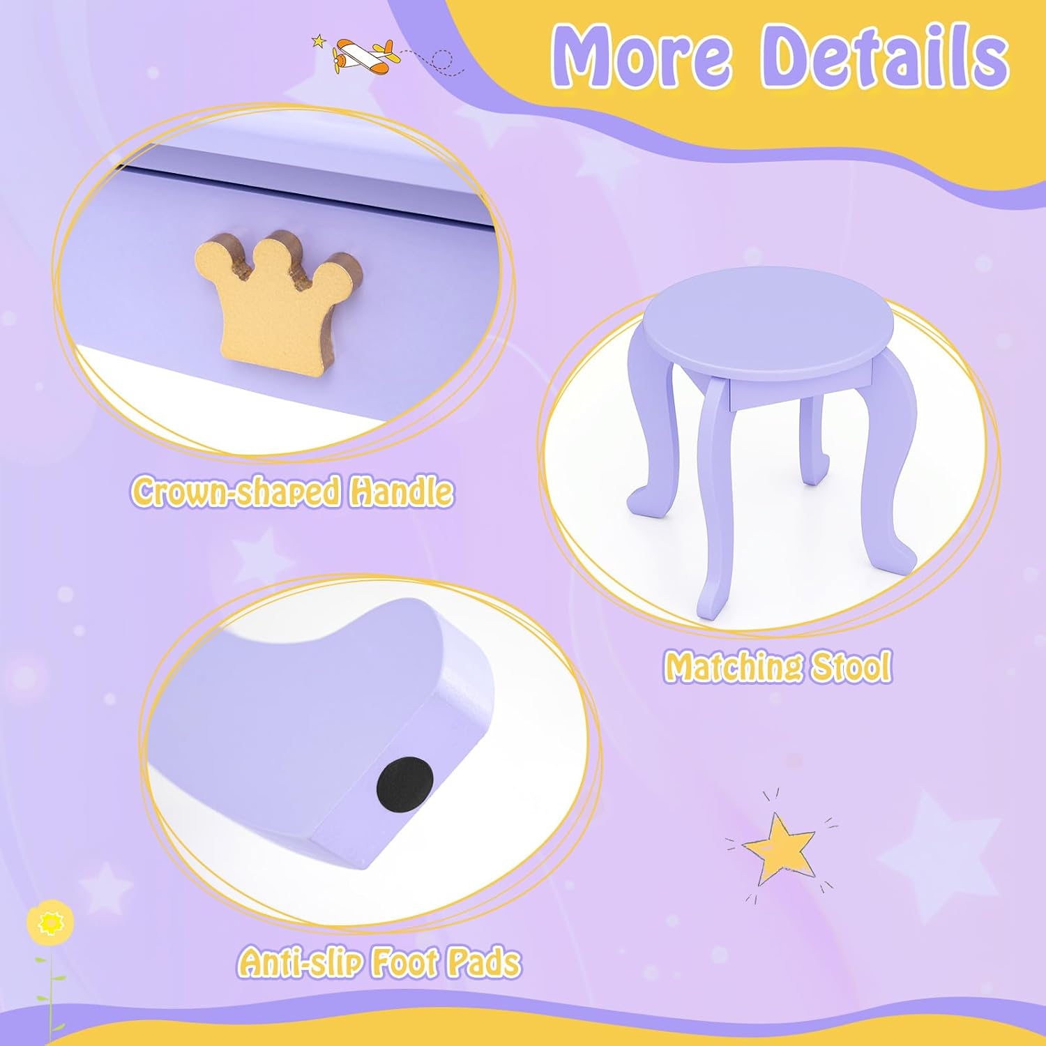 KOTEK Kids Vanity with Lights, Crown Girls Vanity Set w/Tri-Folding Mirror, Detachable Top, Stool & Drawer, Wooden Toddler Makeup Dressing Table, Kids Vanity Table and Chair Set (Violet)