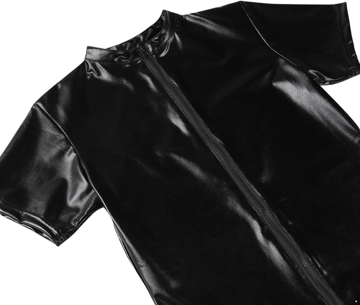 Agoky Men's Wet Look Faux Leather Short Sleeve Zipper Front Full Body Bodysuit Leotard Costumes