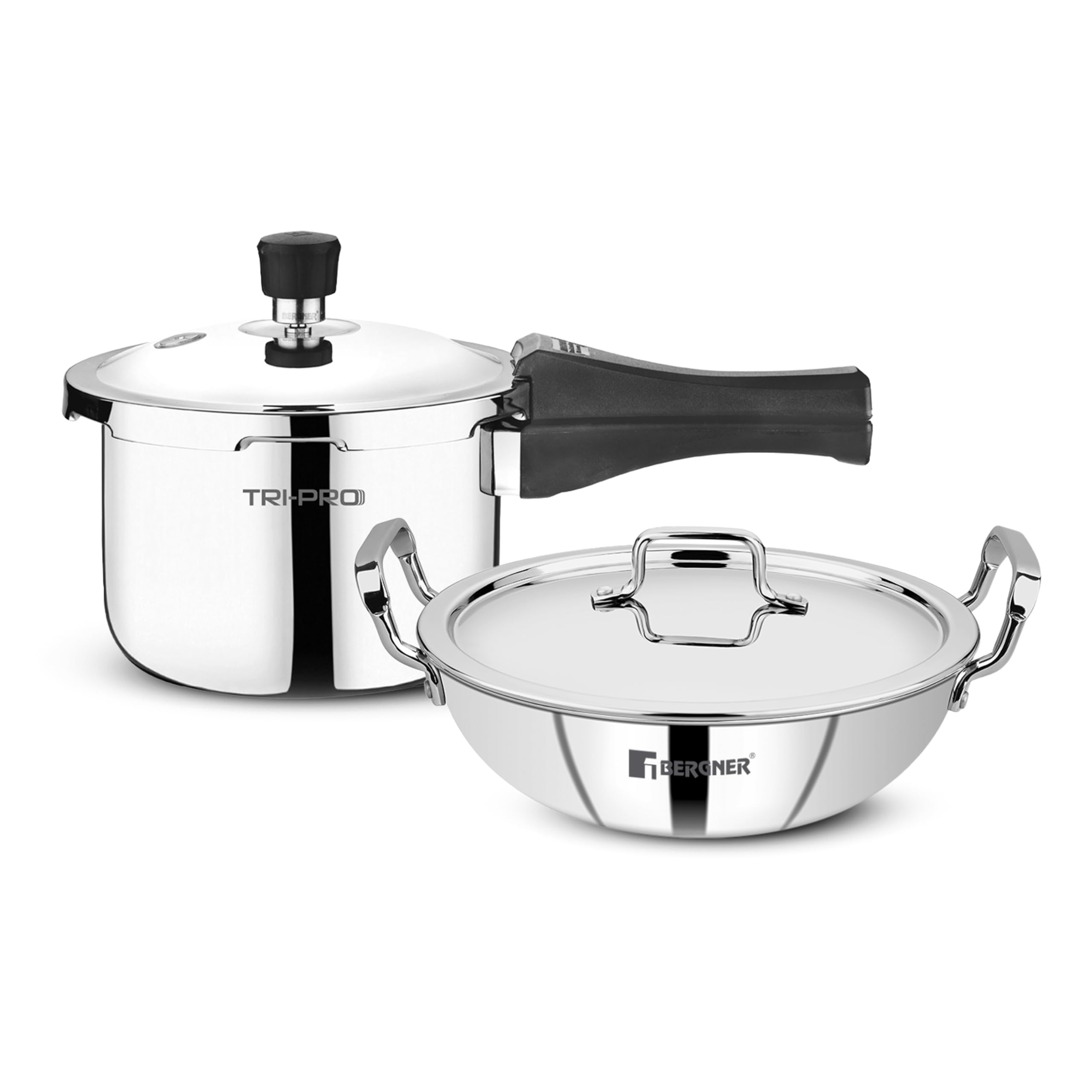 Bergner Tripro 3 Pcs Triply Cookware Set of 3L Outer Lid Pressure Cooker and 24cm (3L) Kadai with Lid, Less Oil Use, Healthy Cooking, Even and Faster Heating, Triply Set, Induction and Gas Stove Ready-picture-29