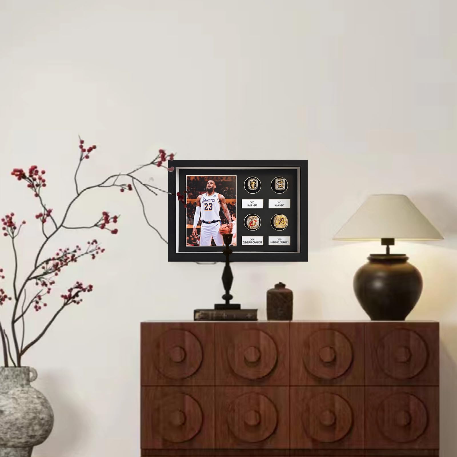 Championship Ring Display Case,4 Ring Posts Sports Ring Display Case Wooden Shadow Box With a real glass panel,witha5x7”photo frame,for Baseball Basketball Football Softball Award Rings Fan Souvenirs - Image 4