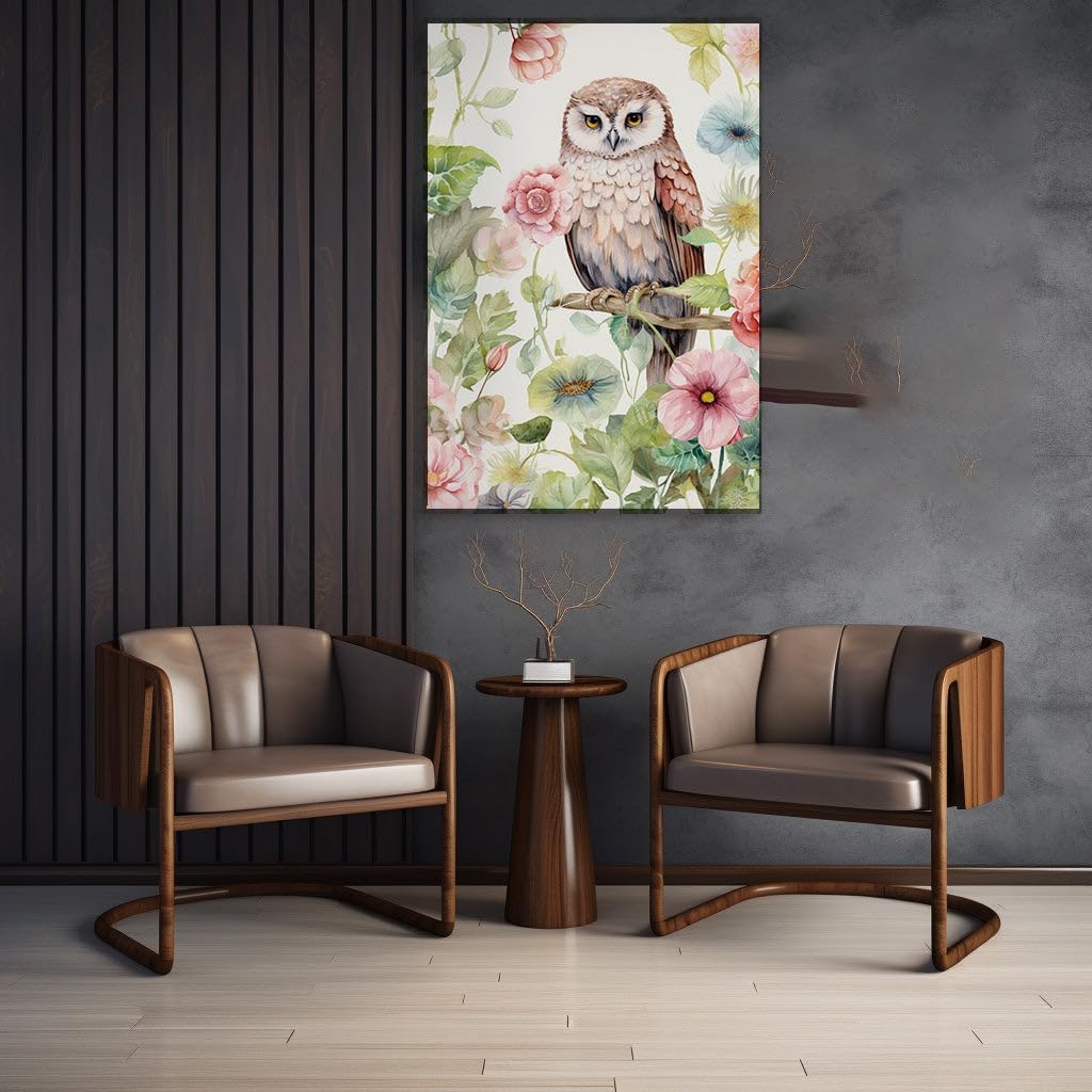 Canvas for Living room. Whisper of Nature: An Enchanting Brown Owl Amidst a Floral Serenade, 27 x 18 inch Canvas Wall Art - Ready to Hang - 69x46 cm (27x18 inch)