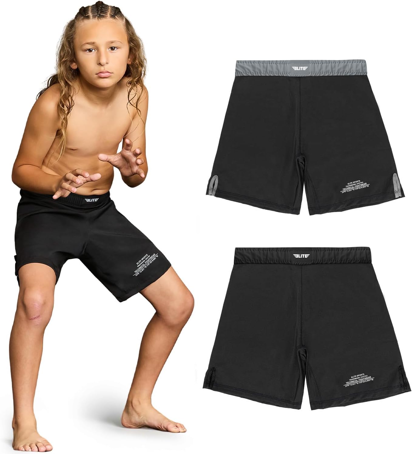 Elite Sports Kids MMA BJJ No GI UFC Grappling Shorts, Sports Shorts for Boys & Girls, Youth Jiu Jitsu Training Shorts Black