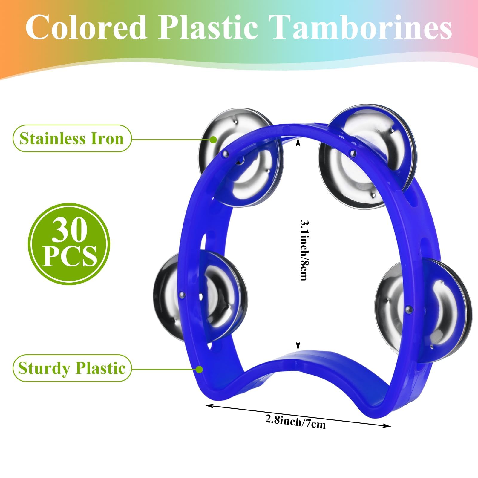 Lot de 30 tambourins pour adultes, 6 couleurs, 4 cloches, lot de 10 x 13 cm, mini tambourins pour église, fêtes et événements de groupe