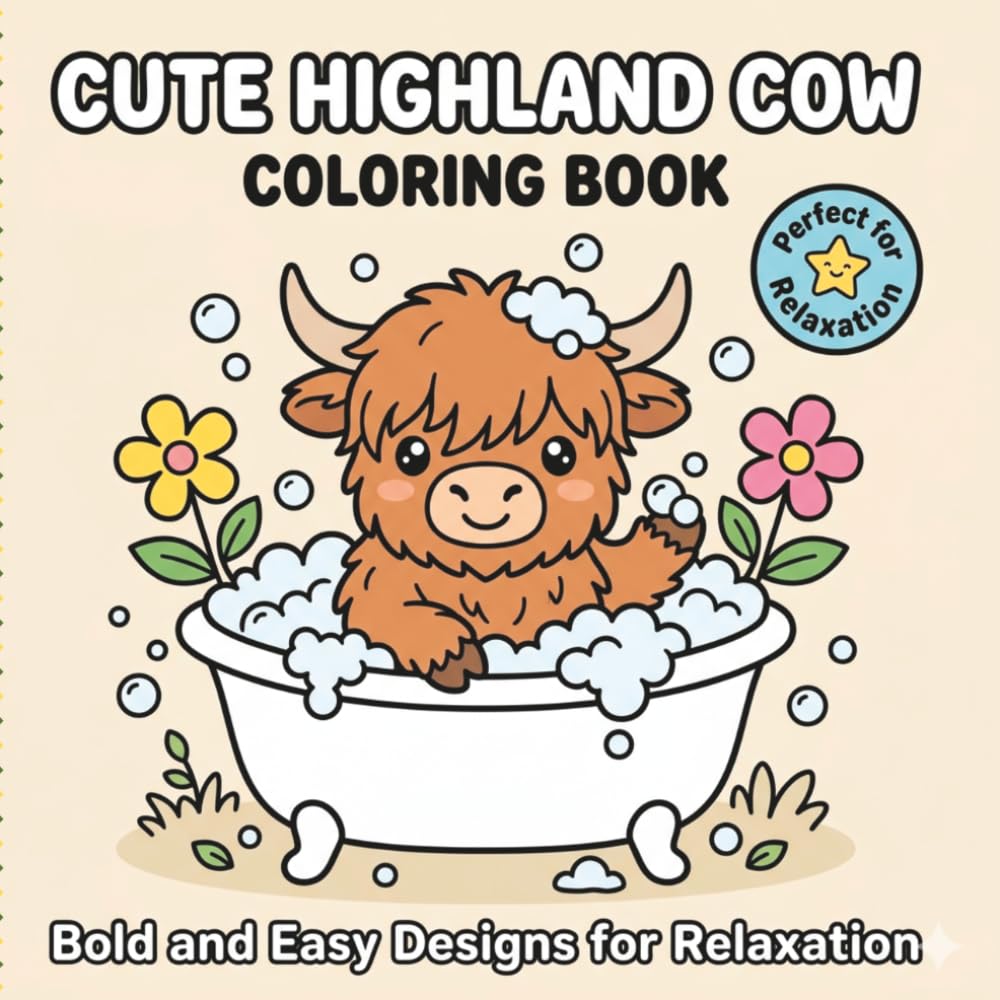 Cute Highland Cow Coloring Book for Adults: Bold and Easy Designs, Cozy Farm Scenes & Relaxing Stress Relief