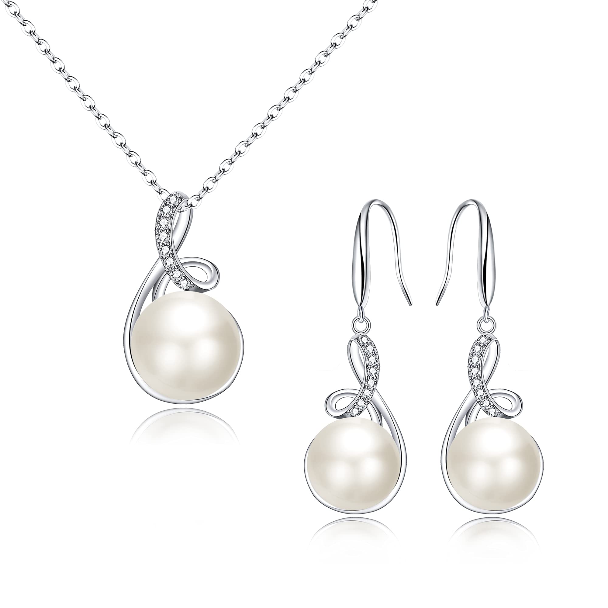 925 Argento CZ Peral d'acqua dolce Set di orecchini a gancio per collana nuziale a doppia torsione, Valentine's day/Birthday/Christmas/Mother's Day Jewellery Gift for Mom/Wife/Women