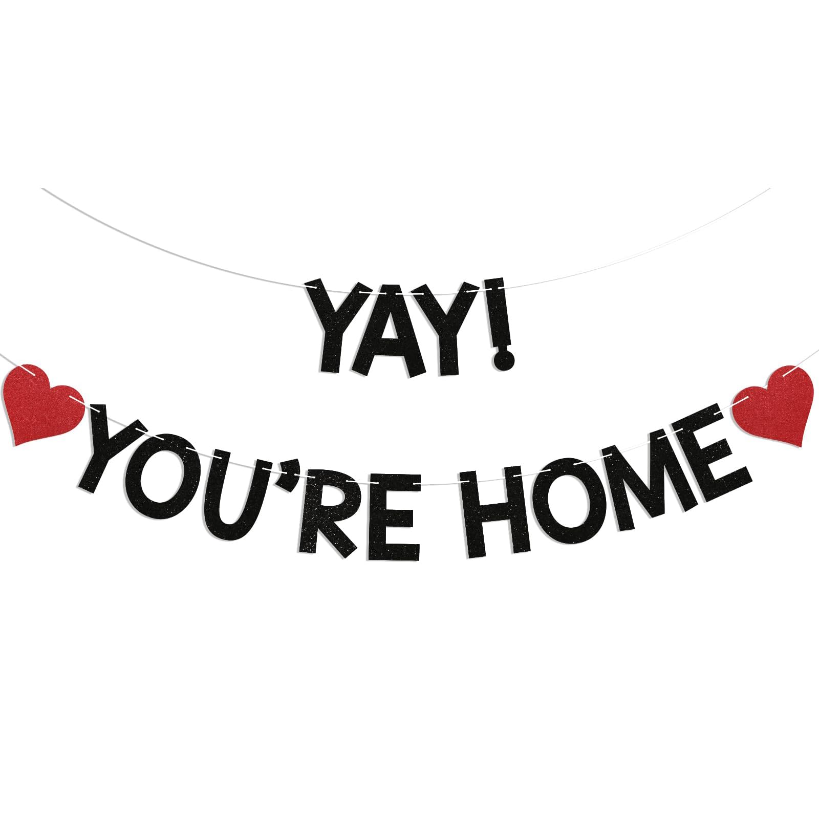 Calkkrer Yay! You're Home Banner Black Glitter, Welcome Home Decoration, Welcome Home Garland, Welcome Banner Door