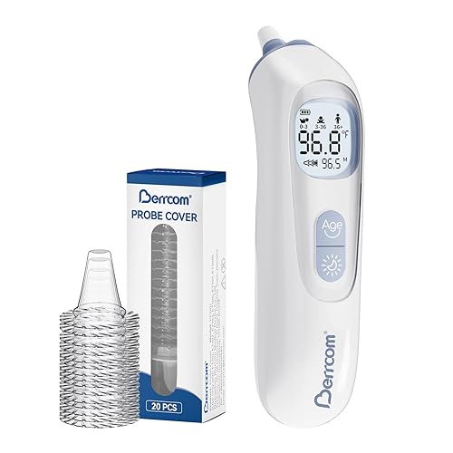 Berrcom Termómetro digital de oído con punta térmica, lectura precisa de 1 segundo para todas las edades, alarma de fiebre con silencio y luz