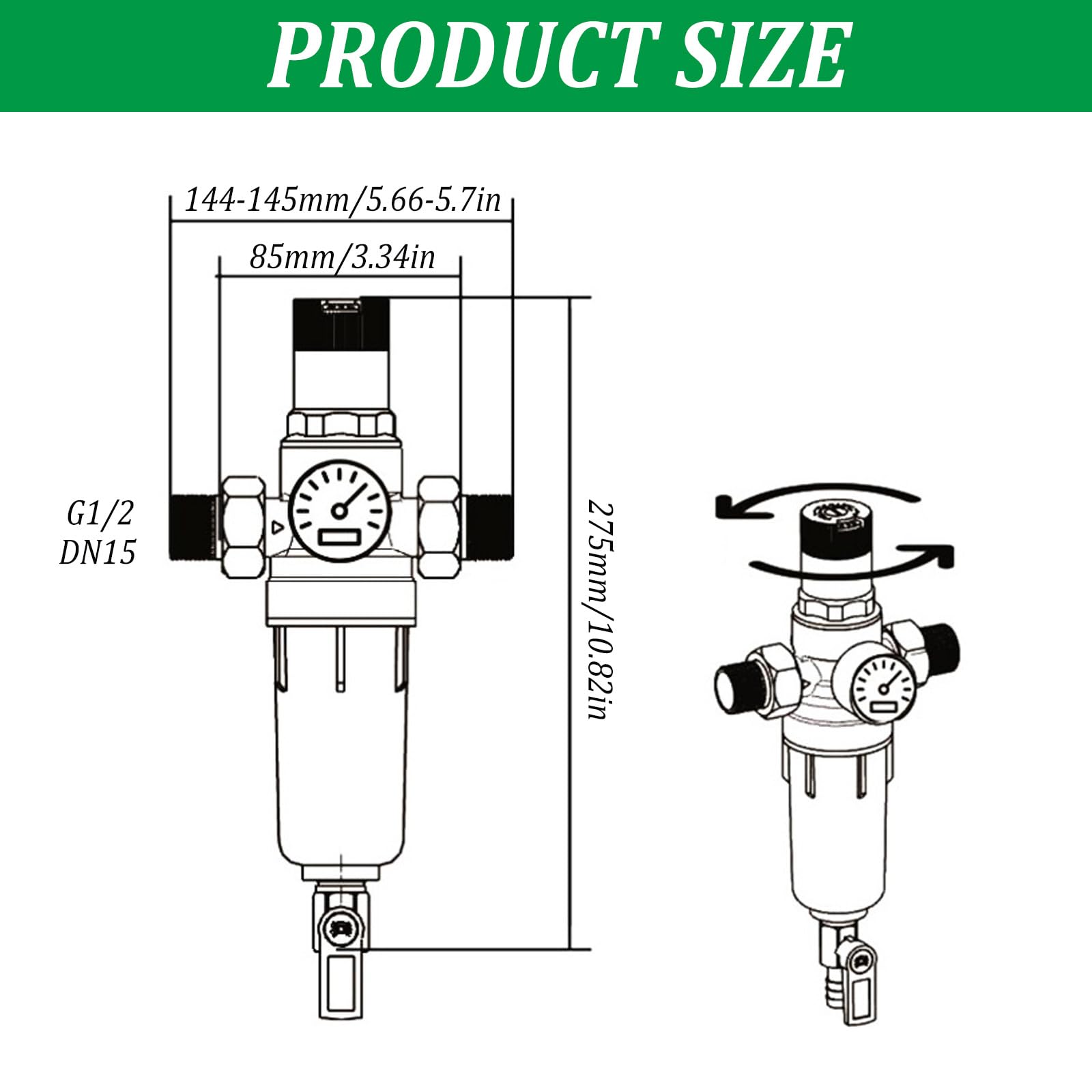 Réducteur de pression d'eau 1/2", filtre de rinçage avec réducteur de pression, valve de réduction de pression d'eau avec manomètre en laiton pour filtrer les impuretés dans l'eau