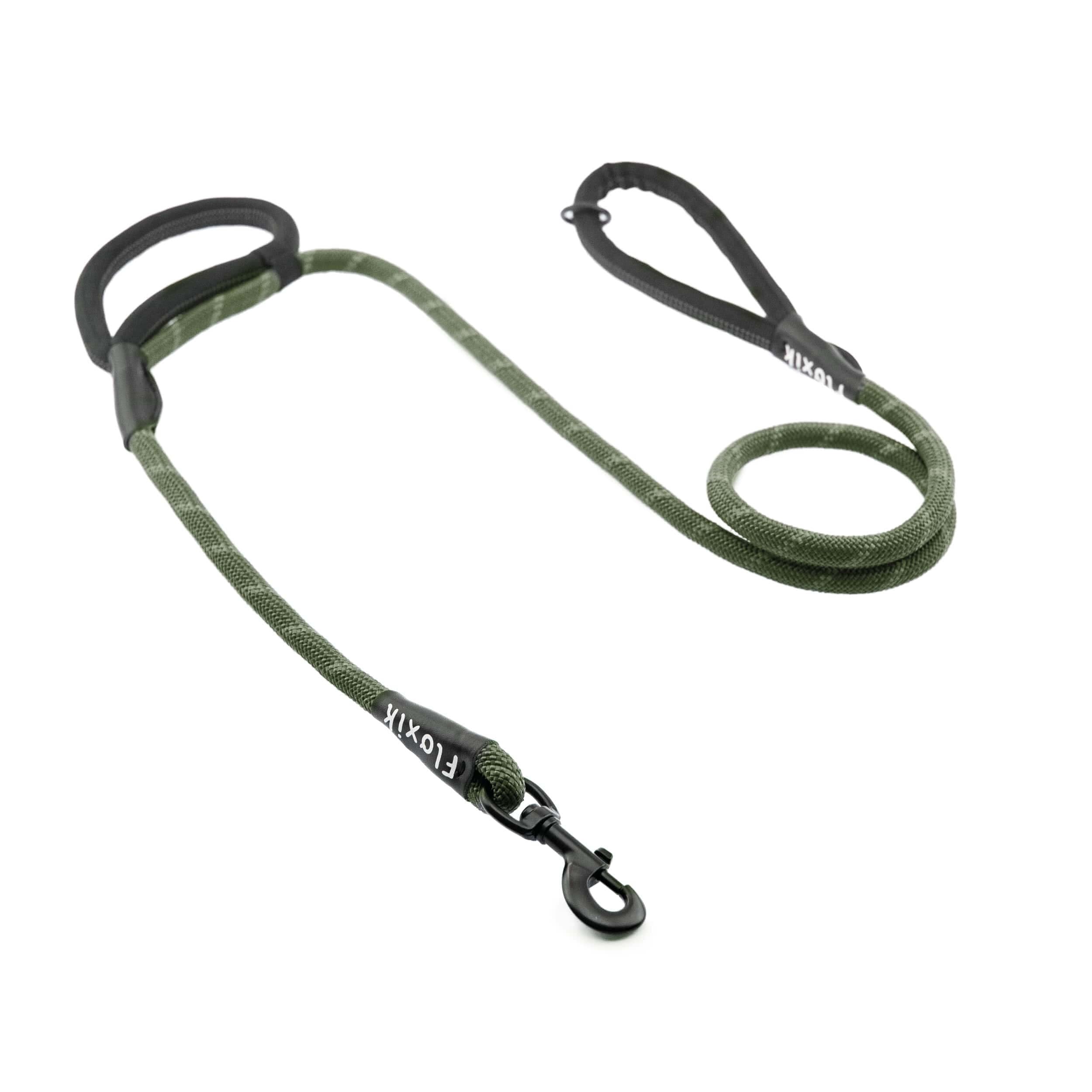 Floxik Guinzaglio in corda per cani - Verde - Innovativo da 1,5 m - Con due maniglie e cuciture riflettenti - Per cani di taglia media e grande - Materiale di corda da arrampicata resistente