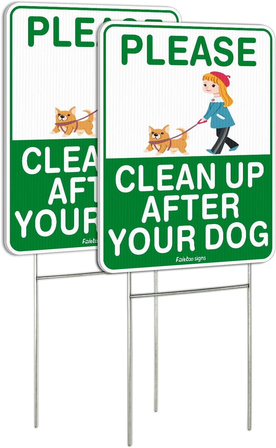 Clean Up After Your Dog Sign, (2 Pack) 12 x 9 Clean Up After Your Pets Sign, Double Sided with Metal Wire H-Stakes Stands Corrugated Plastic, Waterproof, Weather Resistant, Easy to Mount