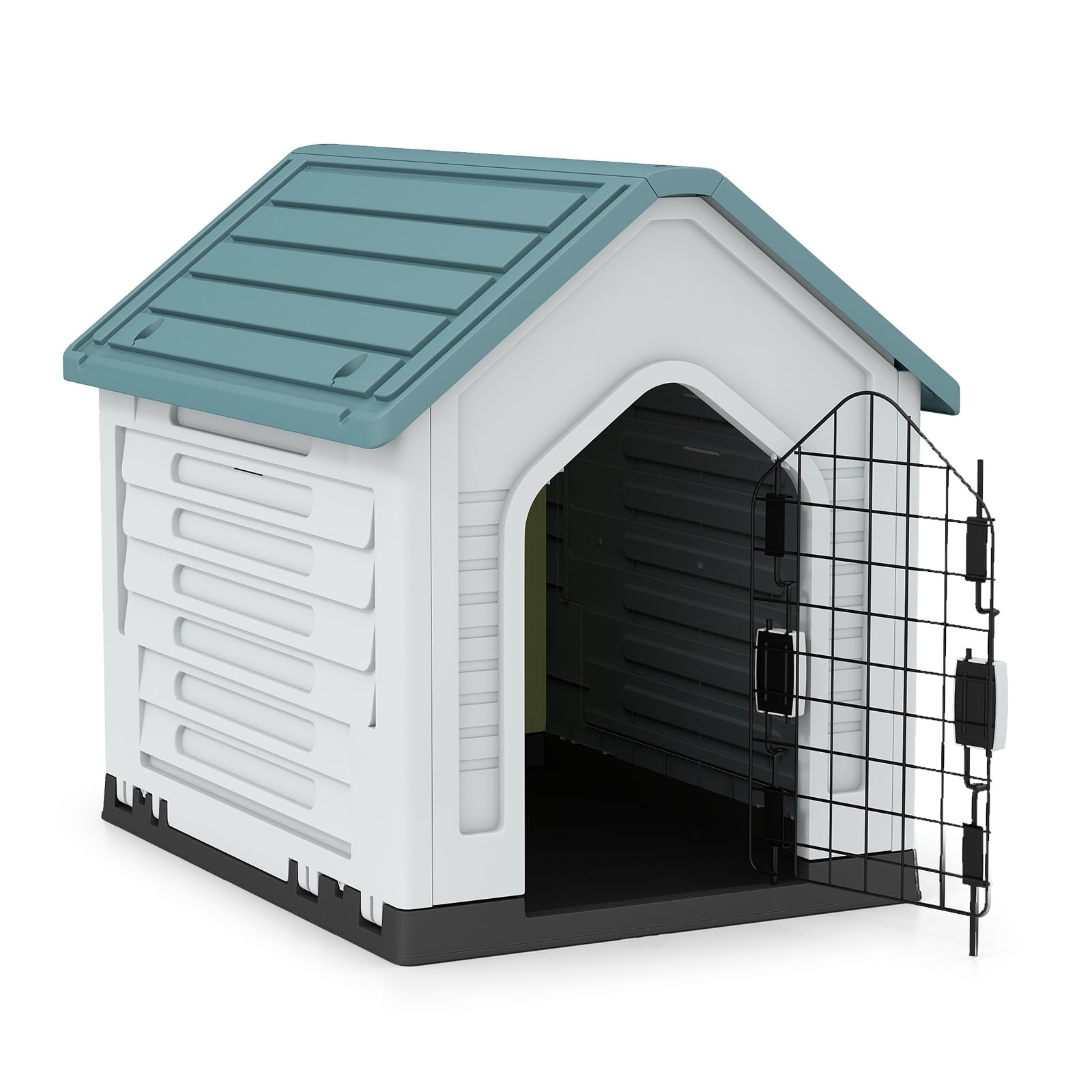 GYMAX Caseta para Perros, Casa de Plástico para Perros con Puerta Metálica Bloqueable, Techo Inclinado, Buena Ventilación, Refugio para Animales Adecuado para Interior, Exterior (Blanco+Azul)