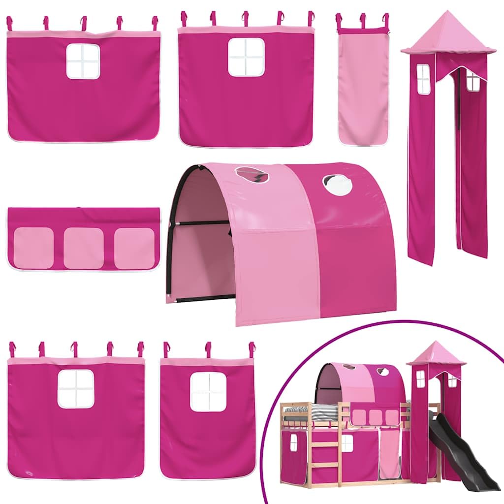 Hochbett mit Rutsche und Vorhängen Rosa 80x200 cm - Kinderbett aus Kiefer-Massivholz mit Leiter Turm Tunnel und Rausfallschutz - Spielbett für Kinderzimmer