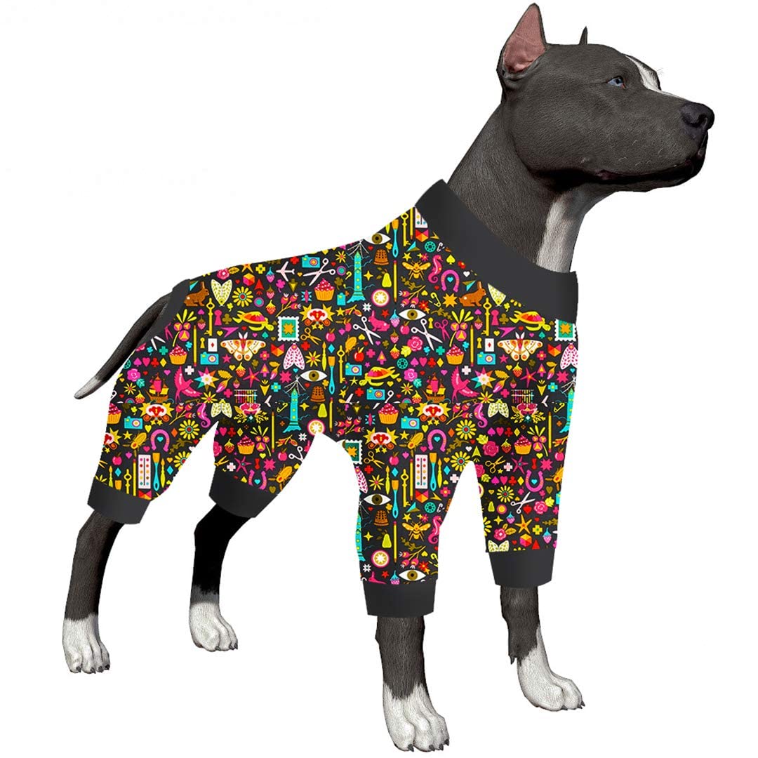 LovinPet Lightweight Pullover Dog Pajamas/Full Coverage Dog Pjs With Black Trim/Handiwork Decoupage Ink Prints/Post Surgery Shirt/UV Protection, Pet Anxiety Relief