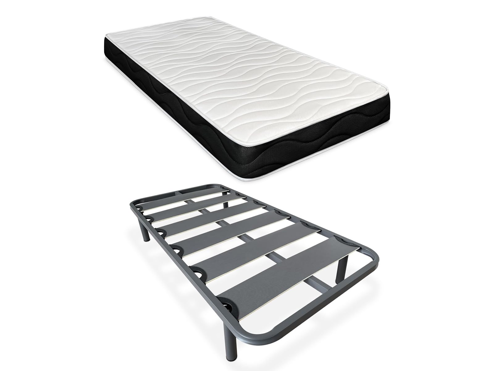 Duérmete Online - Cama Completa con Colchón Fresh Reversible (Cara Invierno/Verano) + Somier Reforzado 40x30mm con 4 Patas Metálicas Roscadas, 90 x 190
