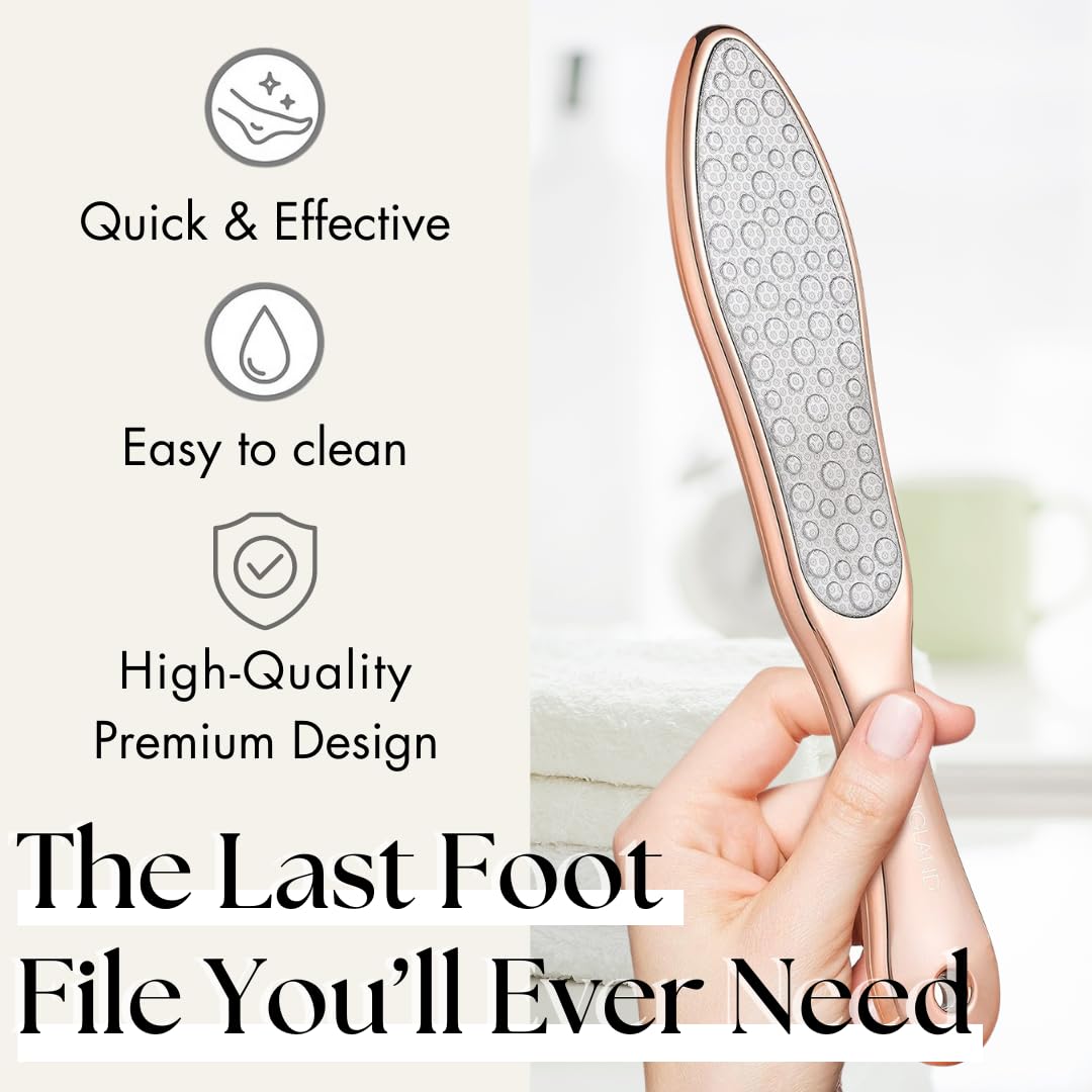 Lily England - Lima de pies para eliminar piel dura, 2 en 1 profesional y removedor de piel seca para pies, herramienta de pedicura de acero inoxidable de Lily England, oro rosa