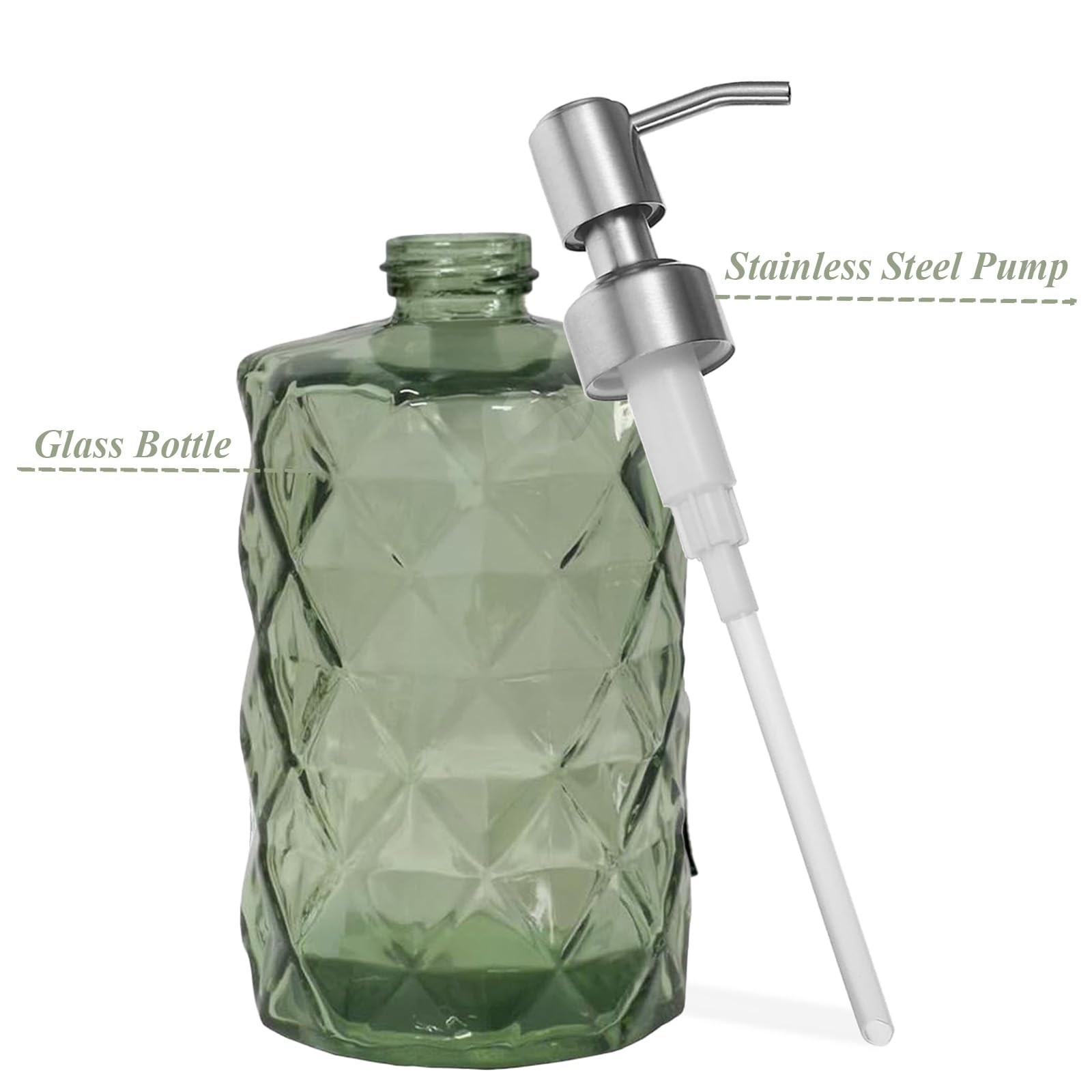 Dispensador de jabón de vidrio verde de 12 onzas con bomba de acero inoxidable, dispensador de jabón líquido de cocina recargable con diseño de diamante, para dispensar jabón de manos, jabón de platos