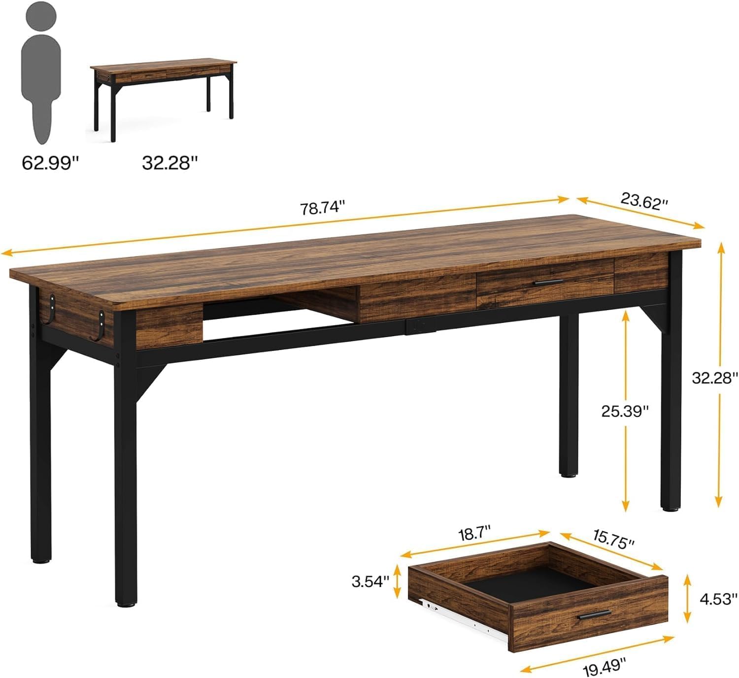 Lailang 200cm Scrivania Computer, Tavolo Ufficio Riunioni, Scrittoio Vintage, Scrivania Con Cassetti, Scrivania Per Due Persone, 200 x 60 x 82 cm, Marrone Rustico