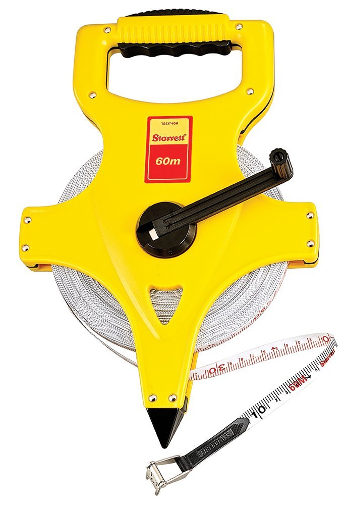 Starrett KTS537-60M-N ABS Plastic Yellow Case Open Reel Fiberglass Long Tape, Metric Graduation Style, 60m Length, 12.7mm Width, 2mm Graduation Interval