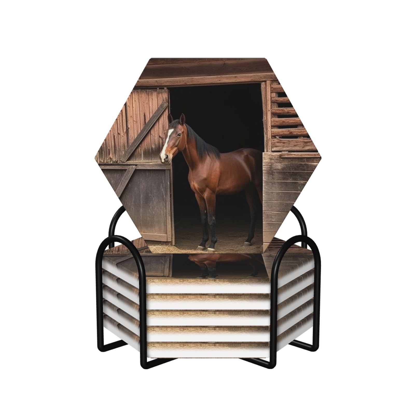6Pcs Ceramics Coaster for Drinks, Barn Horse Cup Coasters with Holder, Aesthetic Drink Coasters for Coffee Table, Absorbent Round Coaster for Tabletop Protection 4" Cup Mat Pad